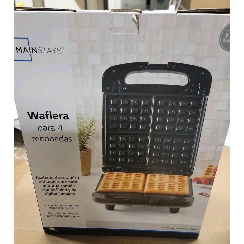 Mainstays 4 Slice Waffle Maker Removable Plates Black Nonstick 1200W New In Box!